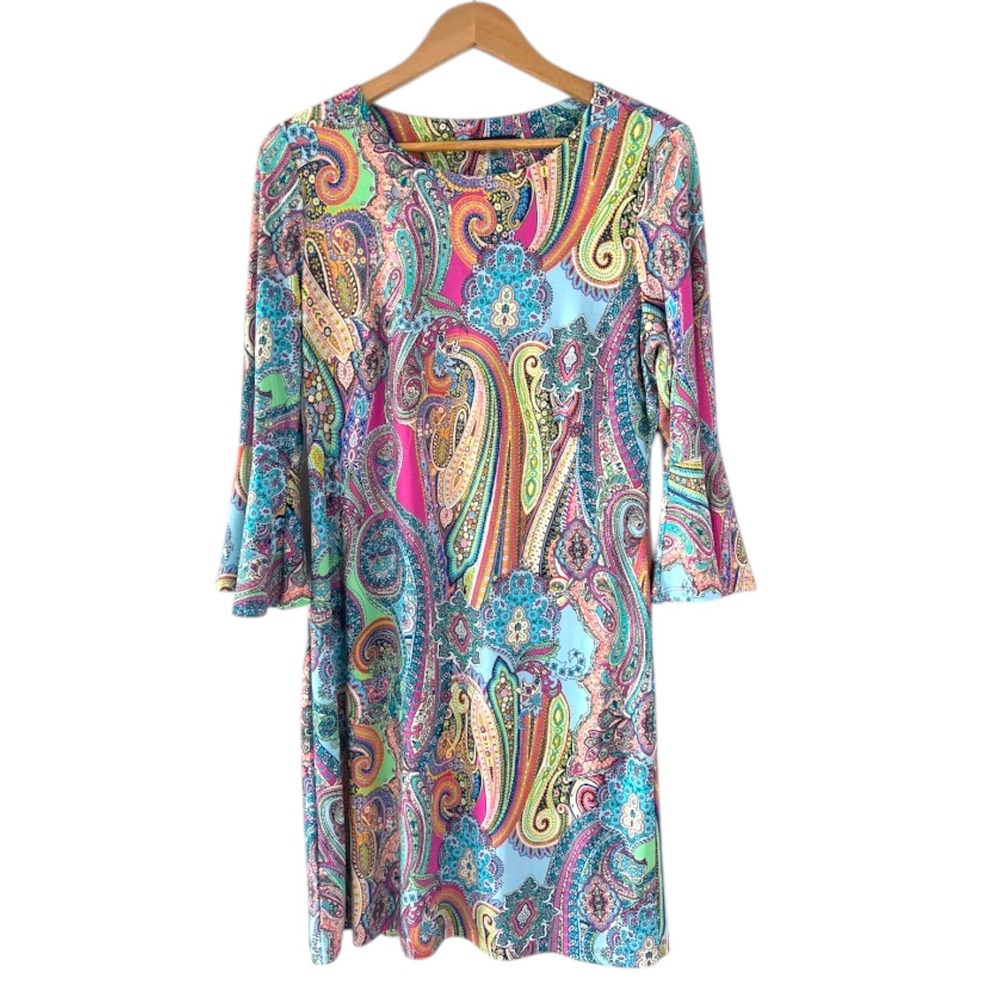 Tommy Hilfiger‎ Women 12 Paisley Bell Sleeve Shift Dress Multi Color